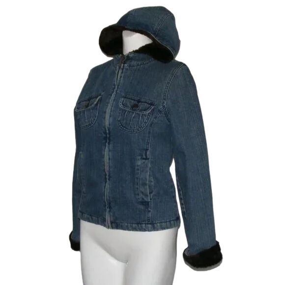 Vintage LEE Hooded Denim Coat, YL, Blue, Brown Fuzzy lining, Zipper, Pockets - Picture 3 of 15